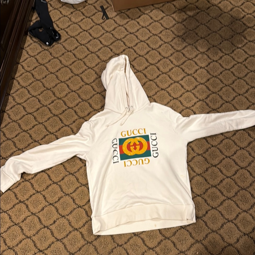 Gucci Cream Hoodie with Red and Yellow Logo